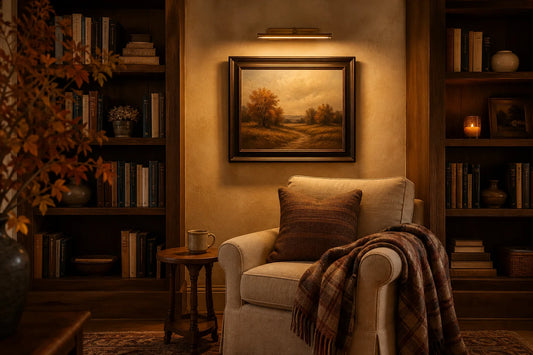 Antique brass wireless picture light mounted above framed autumn landscape painting in a cozy bookshelf reading nook