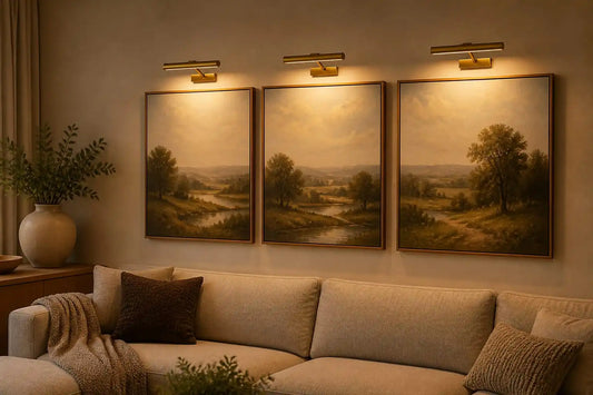 Triptych gallery wall of three framed landscape paintings with antique brass wireless picture lights in a living room