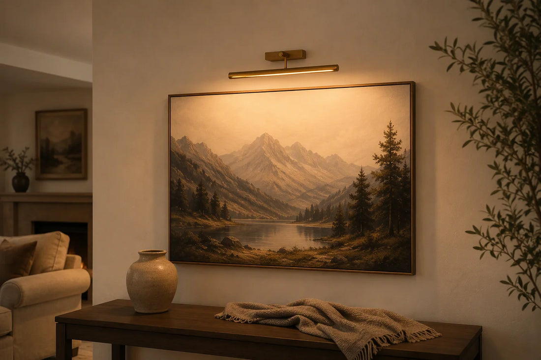 Antique brass wireless picture light mounted above framed mountain landscape artwork in an elegant living room