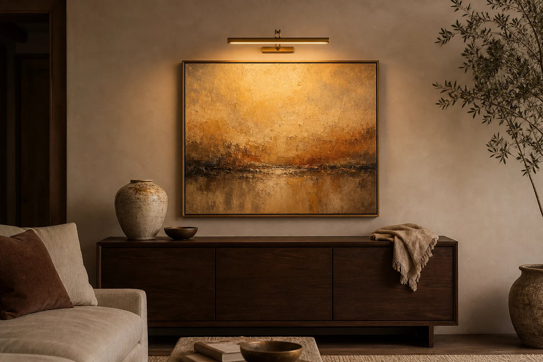 Antique brass wireless picture light mounted above framed abstract artwork in a contemporary living room